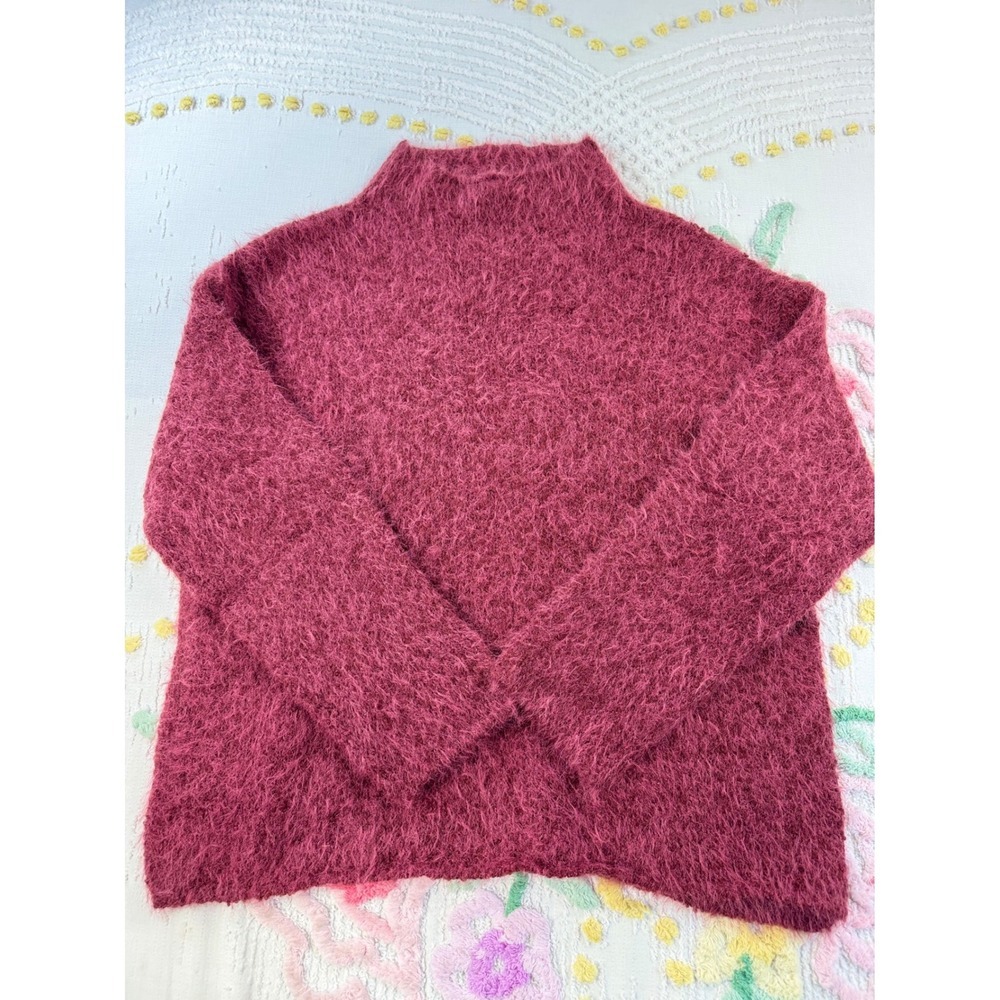 Open Edit Fuzzy Eyelash Wool Blend Mock Neck Sweater Burgundy Large XX7502 - Picture 2 of 8